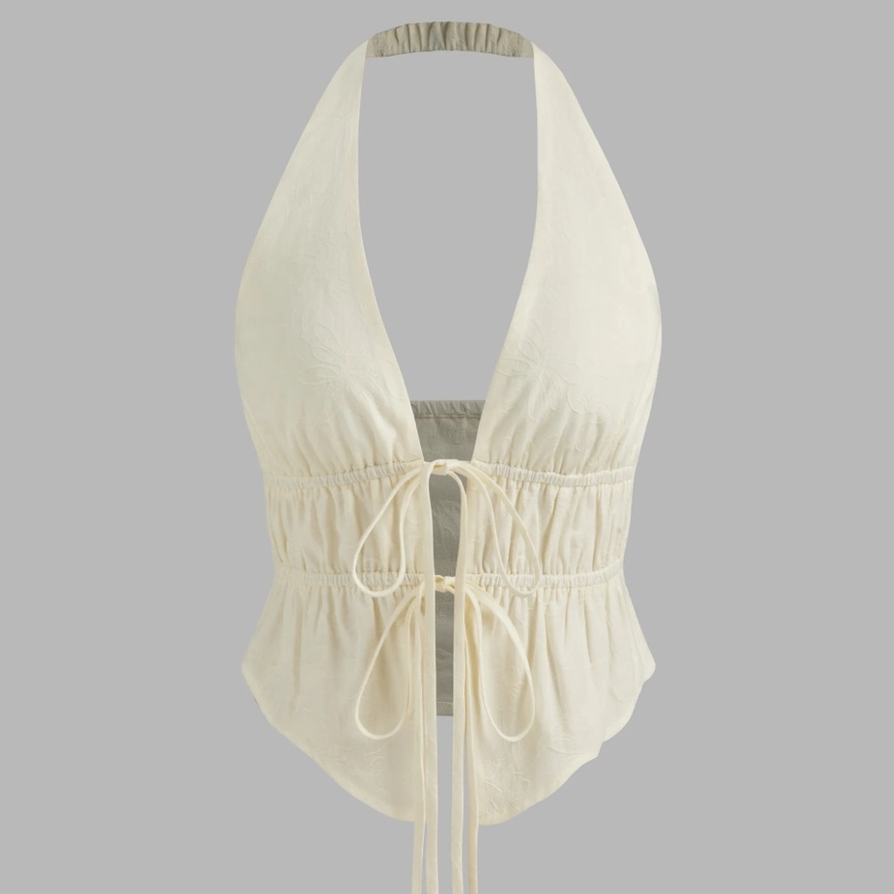 cider halter v neck knotted ruched crop top